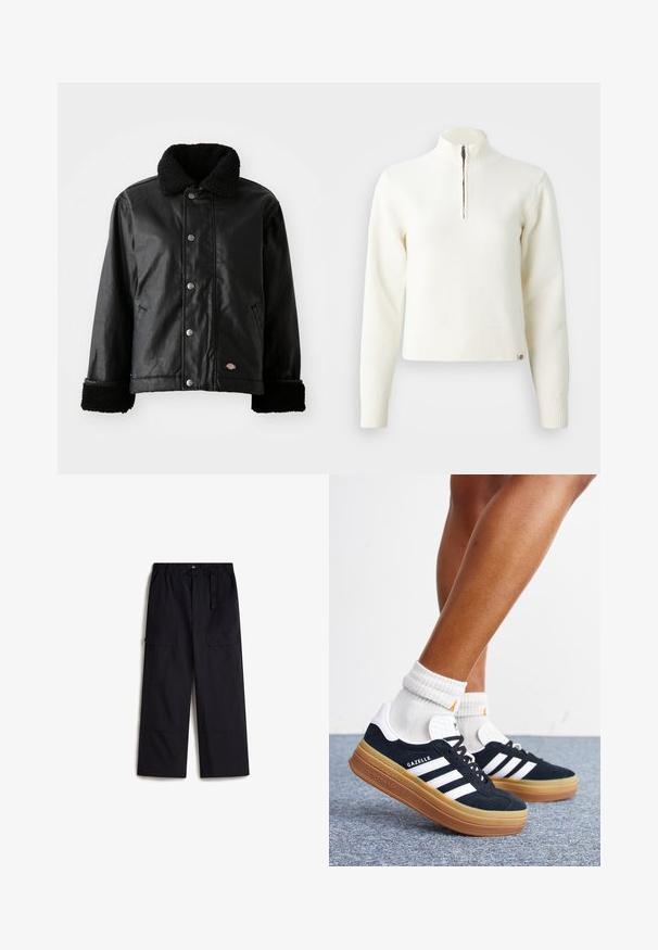 Chaqueta de cuero negra con cuello de borreguillo, cierre de botones a presión, bolsillos laterales y puños de textura suave. Presenta un parche con el logo de la marca.; Suéter blanco con cuello de cremallera y mangas largas. Fabricado en un material de punto suave, con puños y dobladillo acanalados. Logo de la marca sutil en el dobladillo.; Pantalones cargo negros con una cintura elástica, cinturón ajustable y dos bolsillos laterales. Hechos de una tela ligera y texturizada.; Piernas con calcetines blancos y zapatillas Adidas Gazelle negras con rayas blancas y suelas marrones gruesas sobre un suelo alfombrado gris.
