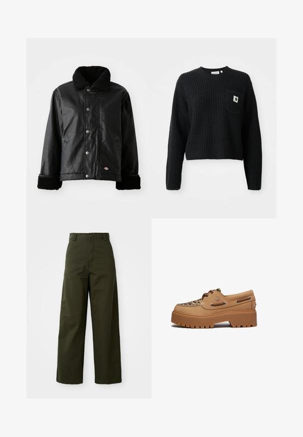 Chaqueta de cuero negra con cuello de borreguillo, cierre de botones a presión, bolsillos laterales y puños de textura suave. Presenta un parche con el logo de la marca.; Suéter de punto canalé negro con cuello redondo, mangas largas y un bolsillo frontal con un pequeño parche de logo. Longitud corta.; Pantalones de pierna ancha en verde oliva, hechos de algodón resistente. Cuentan con un cierre de botón, una cintura con cinturón y un corte recto sin patrones visibles.; Timberland STONE STREET - Náuticos - medium beige