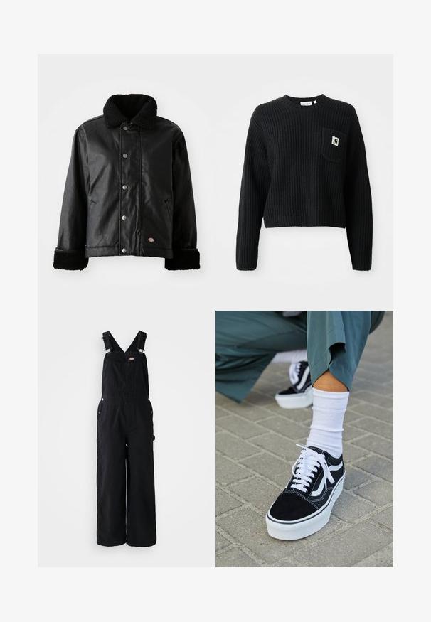 Chaqueta de cuero negra con cuello de borreguillo, cierre de botones a presión, bolsillos laterales y puños de textura suave. Presenta un parche con el logo de la marca.; Suéter de punto canalé negro con cuello redondo, mangas largas y un bolsillo frontal con un pequeño parche de logo. Longitud corta.; Pantalones de mezclilla negra tipo overoles con piernas anchas, tirantes ajustables, bolsillo frontal y detalles de metal plateado. Textura suave, diseño minimalista.; Zapatillas de ante negro con acentos y cordones blancos, que cuentan con una gruesa suela blanca y costuras en contraste, combinadas con un calcetín blanco.