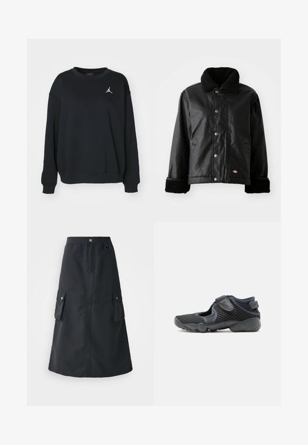 Schwarze Lederjacke mit einem Lammfellkragen, Druckknopfverschluss, Seitentaschen und weich strukturierten Bündchen. Mit Markenlogo-Patch.; Schwarzer Pullover aus Baumwolle, mit rundem Ausschnitt, langen Ärmeln, gerippten Bündchen und Saum, versehen mit einem weißen Jumpman-Logo auf der Brust.; Schwarzer Mid-Calf-Rock aus leichtem Stoff, mit elastischem Bund, zwei Cargo-Taschen und einem dezenten Glanz.; Schwarzer Sportschuh mit Mesh-Obermaterial, zwei verstellbaren Klettverschlüssen und gepolsterter Sohle, die für Komfort und Flexibilität entwickelt wurde.