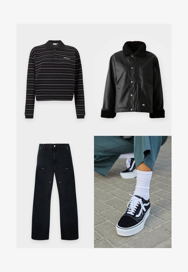 Veste en cuir noir avec col en peau de mouton, fermeture à bouton-pression, poches latérales et poignets en tissu doux. Comprend un patch avec le logo de la marque.; Polo à manches longues noir avec de fines rayures horizontales blanches et violettes, deux boutons, et un petit logo blanc sur le côté gauche de la poitrine.; Pantalon en denim noir à jambes larges avec une taille haute, présentant des coutures discrètes, deux poches avant et des accents de ferrures métalliques.; Baskets en suède noir avec des accents et des lacets blancs, présentant une épaisse semelle blanche et des coutures contrastantes, associées à une chaussette blanche.