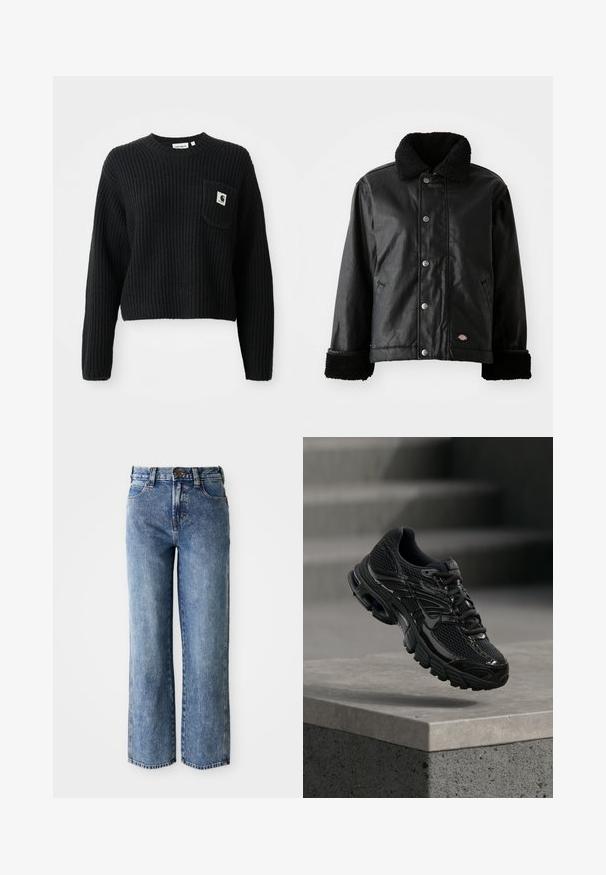 Chaqueta de cuero negra con cuello de borreguillo, cierre de botones a presión, bolsillos laterales y puños de textura suave. Presenta un parche con el logo de la marca.; Suéter de punto canalé negro con cuello redondo, mangas largas y un bolsillo frontal con un pequeño parche de logo. Longitud corta.; Jeans de mezclilla azules de pierna recta de tiro alto con bolsillos frontales, pasadores para cinturón y cierre de botón.; Zapatilla de running negra de Nike con parte superior de malla y sintética flotando sobre una superficie de hormigón y escalones de fondo.