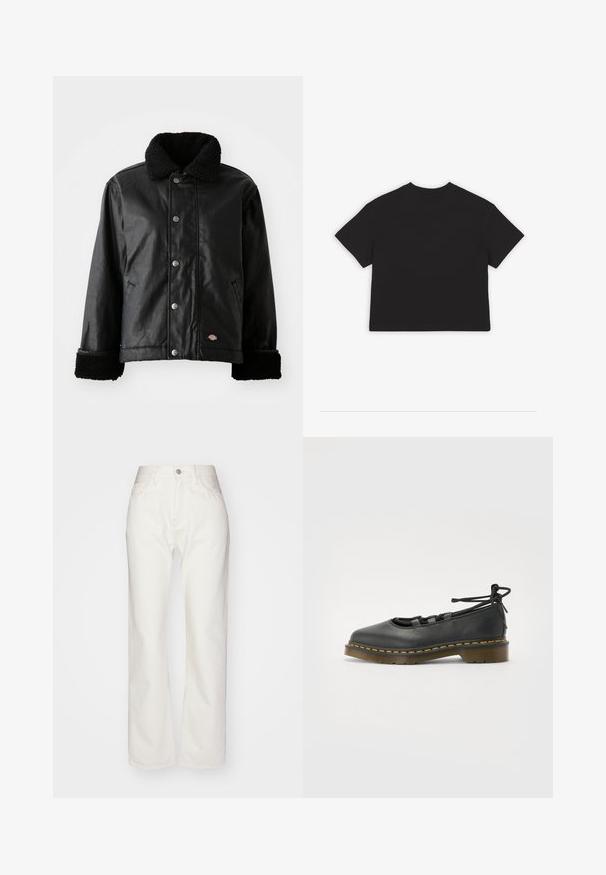Schwarze Lederjacke mit einem Lammfellkragen, Druckknopfverschluss, Seitentaschen und weich strukturierten Bündchen. Mit Markenlogo-Patch.; Schwarzes, kurzes T-Shirt, kurze Ärmel, klassischer Rundhalsausschnitt, aus weichem Baumwollstoff gefertigt, schlichtes Design ohne Muster oder Akzente.; Weiße Denim-Hosen mit hoher Taille und weit geschnittenem Bein. Mit einem Knopf- und Reißverschluss, Gürtelschlaufen und dezenten Nähten.; Schwarzer Lederschuh mit runder Zehenpartie, niedrigem Absatz, Schnürdetails und gelber Naht entlang der Sohle. Glatte Textur mit matter Oberfläche.