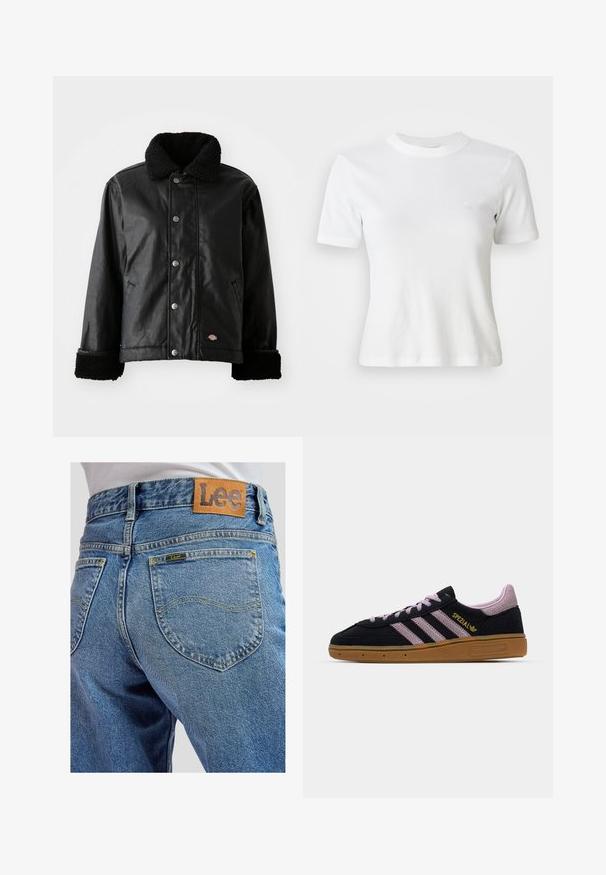 Veste en cuir noir avec col en peau de mouton, fermeture à bouton-pression, poches latérales et poignets en tissu doux. Comprend un patch avec le logo de la marque.; T-shirt blance à manches courtes en côte, avec un col rond et un petit logo sur la poitrine. Fabriqué en tissu doux avec une coupe ajustée.; Jean bleu en denim avec poches arrière présentant des surpiqûres jaunes et une écusson en cuir marron de la marque Lee sur la ceinture.; Baskets en suède noir et rose avec semelle en caoutchouc, trois rayures roses, marquage doré "SPEZIAL" et semelle en gomme texturée. Design basse.