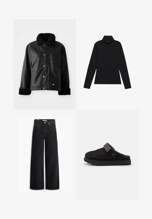 Chaqueta de cuero negra con cuello de borreguillo, cierre de botones a presión, bolsillos laterales y puños de textura suave. Presenta un parche con el logo de la marca.; Sudadera negra de manga larga con cuello alto. Tejido suave, diseño ajustado, cuello alto y costuras laterales. Estilo sencillo y versátil, adecuado para combinar en capas.; Jeans de pierna ancha negros hechos de denim, con cinco bolsillos, remaches de cobre y un cierre clásico de botón. Textura suave con un diseño limpio.; Zuecos negros de ante de tipo slip-on con punta redonda, textura suave, tira ajustable y suela de goma gruesa con dibujo para tracción.