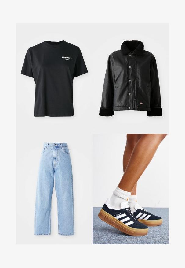 Veste en cuir noir avec col en peau de mouton, fermeture à bouton-pression, poches latérales et poignets en tissu doux. Comprend un patch avec le logo de la marque.; T-shirt en coton noir avec un col rond et des manches courtes. Dispose d'un logo graphique blanc sur la partie supérieure gauche de la poitrine.; Jeans en denim bleu clair taille haute avec des jambes droites larges, fermeture à bouton à l'avant, fermeture éclair et poches avant et arrière.; Jambes portant des chaussettes blanches et des baskets Adidas Gazelle noires avec des bandes blanches et des semelles épaisses marron sur un sol recouvert de moquette grise.