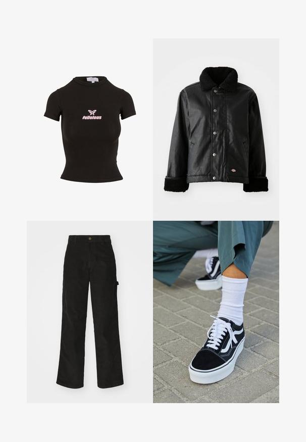 Veste en cuir noir avec col en peau de mouton, fermeture à bouton-pression, poches latérales et poignets en tissu doux. Comprend un patch avec le logo de la marque.; Top court noir à manches courtes fabriqué dans un matériau extensible. Présente un logo "felicious" rose et un graphique de papillon sur le devant.; Pantalon en velours côtelé noir avec une coupe droite, doté d'une fermeture à bouton et de poches latérales. Texture lisse avec de fines rayures verticales.; Baskets en suède noir avec des accents et des lacets blancs, présentant une épaisse semelle blanche et des coutures contrastantes, associées à une chaussette blanche.