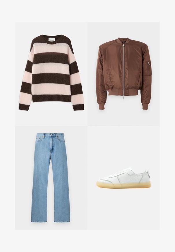 Καφέ μπομπερί jacket από λείο ύφασμα, με φερμουάρ μπροστά, ριμπ μανσέτες, πλαϊνές τσέπες και μία επιπλέον τσέπη με φερμουάρ στον αγκώνα.; CLOSED STRIPE CREW NECK JUMPER - Πουλόβερ - espresso brown; Ανοιχτό μπλε τζιν παντελόνι με ίσια γραμμή, πέντε τσέπες και κλείσιμο με κουμπί στη μέση, παρουσιάζεται σε απλό φόντο.; Λευκό δερμάτινο sneaker χαμηλού ύψους με μπεζ διαφανές πέλμα, κορδόνια μπροστά και ελάχιστες ραφές, εμφανιζόμενο από το πλάι σε απλό φόντο.