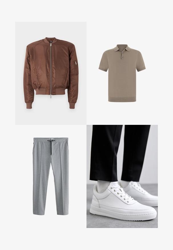 Brun bomberjakke lavet af glat stof, med lynlåsfortil, ribbet manchetter, sidelommer og en ekstra lynlåslomme på ærmet.; Polo-shirt i taupe med en struktureret finish, korte ærmer og en krave. Har treknaps-lukning og ribbede manchetter.; Lysegrå bukser med lige ben, bindebånd i taljen og sidelommer, vist fladt på en hvid baggrund.; Hvide lædersneakers med en flad gummisål, der har en glat overflade, rund tå og metaløjer til snørebånd. Bæret med sorte bukser.