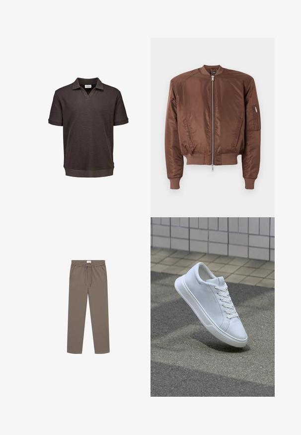Καφέ μπομπερί jacket από λείο ύφασμα, με φερμουάρ μπροστά, ριμπ μανσέτες, πλαϊνές τσέπες και μία επιπλέον τσέπη με φερμουάρ στον αγκώνα.; Πόλο μπλούζα με κοντά μανίκια σε σκούρο καφέ χρώμα, με V-λαιμόκοψη και ελαφρώς υφασμάτινη υφή, απεικονισμένη σε λευκό φόντο.; Les Deux COMO TAPERED DRAWSTRING PANTS - Παντελόνι - bungee cord; Λευκό sneaker χαμηλού τύπου με κορδόνια να αιωρείται πάνω από υφή ασφαλτοτάπητα και μπεζ πλακιδίων στο φόντο.