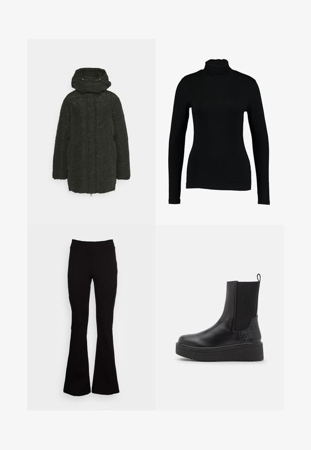 Desigual PADDED TULIP - Overgangsjakke - black; Sort langærmet turtleneck top lavet af glat stof, med et tætsiddende design og høj hals, velegnet til lag-på-lag brug eller som en selvstændig beklædningsgenstand.; Sorte flagrende bukser lavet af strækbart stof med en høj talje. Har stikninger, glat tekstur og flagrende ben.; Sorte læderankelstøvler med elastiske sidepaneler, struktureret krokodillemønster, kraftig platformsål og løkke til at tage dem på.