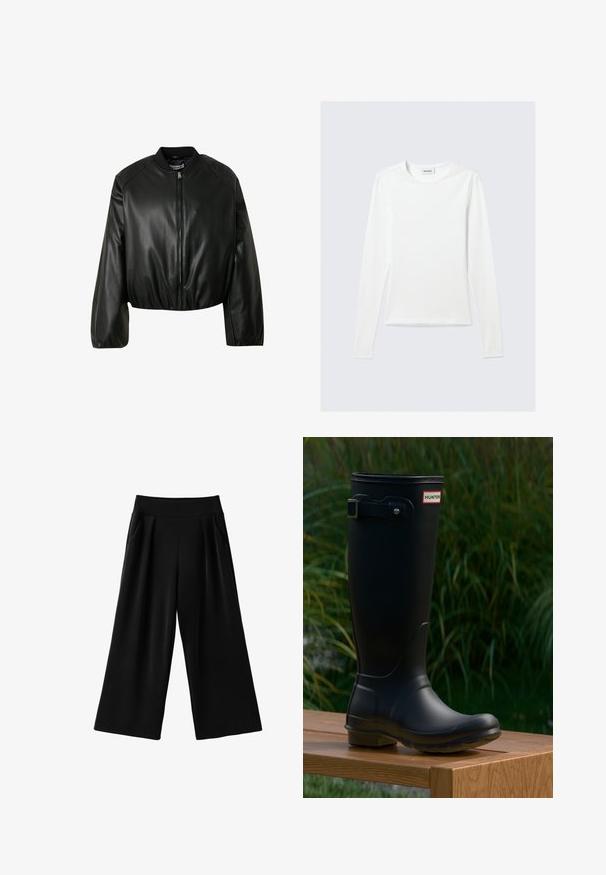 Zwarte cropped bomberjack van glad fauxleer, met een ritssluiting aan de voorkant, geribde kraag en brede mouwen met elastische manchetten.; Effen wit shirt met lange mouwen en ronde hals, slim fit, afgebeeld tegen een lichtgrijze achtergrond.; Zwarte korte wijde broek met zijzakken en een hoge tailleband, plat getoond op een witte achtergrond.; Zwarte rubberen laars met een ronde neus en een gestructureerde zool. Voorzien van een gespdetail en een merketiket aan de bovenkant. Glad oppervlak en hoge ontwerp.