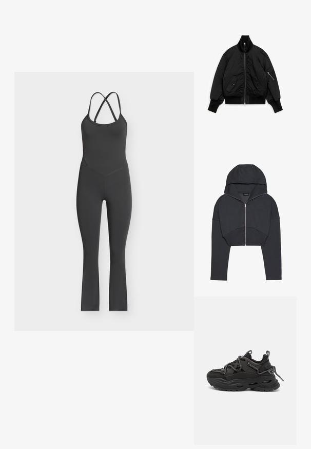 Veste bomber noire avec poignets, col et ourlet côtelés, fermeture éclair sur le devant, deux poches à rabat devant et une poche zippée sur la manche gauche.; Combinaison noire sans manches avec fines bretelles croisées et jambes évasées sur fond clair.; Haut noir court en tissu doux avec fermeture éclair sur le devant, grande capuche et poignets côtelés. Présente un design minimaliste sans motifs.; Des chaussures de sport noires avec une tige en tissu texturé, une semelle en caoutchouc épaisse et des détails de lacets contrastants. Comprend un talon renforcé et un marquage.