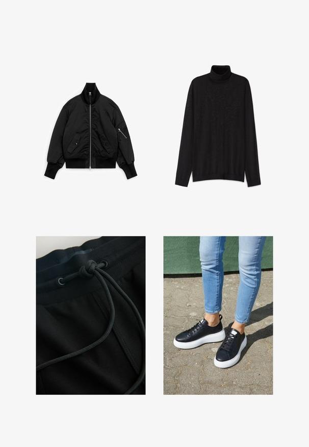 Sort bomberjakke med ribstrikkede manchetter, krave og kant, lukkes foran med lynlås, to forlommer med klap og en lynlåslomme på venstre ærme.; Sort turtleneck sweater lavet af let strikstof. Har lange ærmer, en høj hals og en afslappet pasform med ribbede kanter.; Sorte joggerbukser med snøre i taljen og tekstureret stof, med fokus på glatte linjer og et minimalistisk design.; Sorte lædersneakers med hvide gummisåler, der har en glat overflade, rund tå og flade snørebånd. Båret med lyseblå jeans.