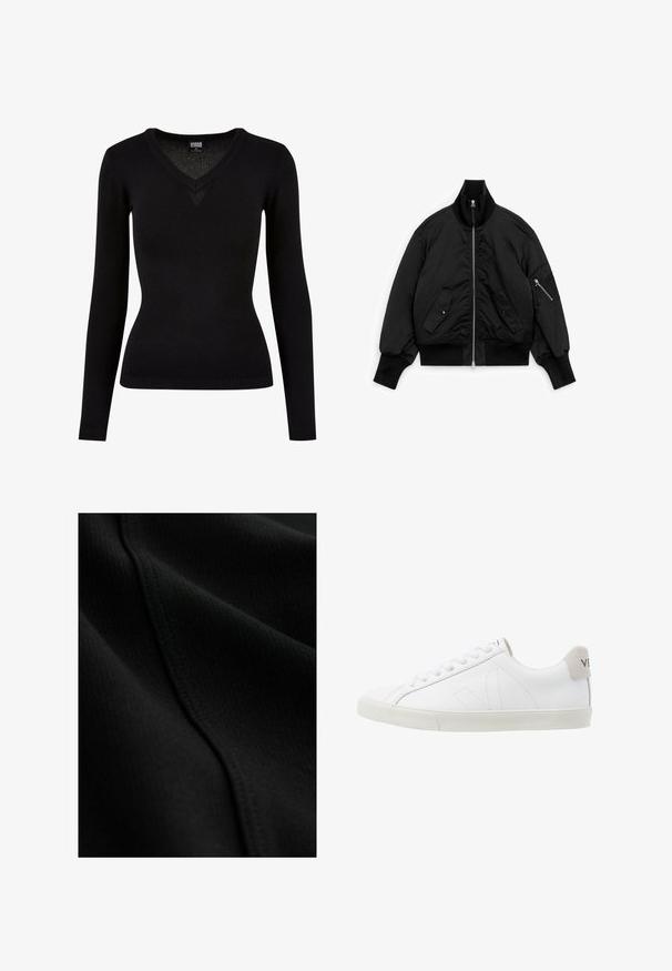 Schwarze Bomberjacke mit gerippten Bündchen, Kragen und Saum, Frontreißverschluss, zwei vorderen Klapptaschen und einer Reißverschlusstasche am linken Ärmel.; Schwarzer V-Ausschnitt-Pullover aus glattem Strickmaterial. Mit langen Ärmeln, gerippten Säumen und einer taillierten Silhouette. Einfaches Design ohne Muster.; Schwarzer Stoff mit gerippter Textur, der dezente Stepp-Details und glatte, fließende Falten aufweist. Dünnes und leichtes Material.; Weiße Ledersneaker mit einer strukturierten, cremefarbenen Gummisohle. Zu den Merkmalen gehören Schnürsenkel, dezente Nähte und ein grauer Wildleder-Hackeneinsatz.