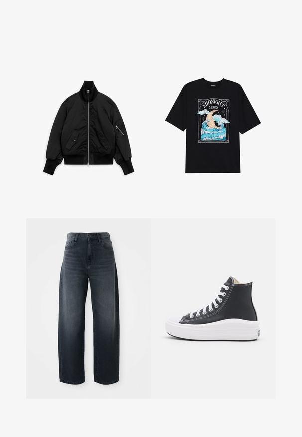 Schwarze Bomberjacke mit gerippten Bündchen, Kragen und Saum, Frontreißverschluss, zwei vorderen Klapptaschen und einer Reißverschlusstasche am linken Ärmel.; Schwarzes Baumwoll-T-Shirt mit einem grafischen Design von einem Mond und Wellen in Blau, Weiß und Beige, mit dem Text "MITTERNACHTSMOND."; Weite Jeans in dunkelblauem Denim, mit hoher Taille, klassischem Knopf- und Reißverschluss und subtilen Ausbleichungen an der Vorderseite.; Schwarzer High-Top Sneaker mit weißen Schnürsenkeln und Gummisohle. Verfügt über eine glatte Ledertextur und weiße Nähte als Akzente.
