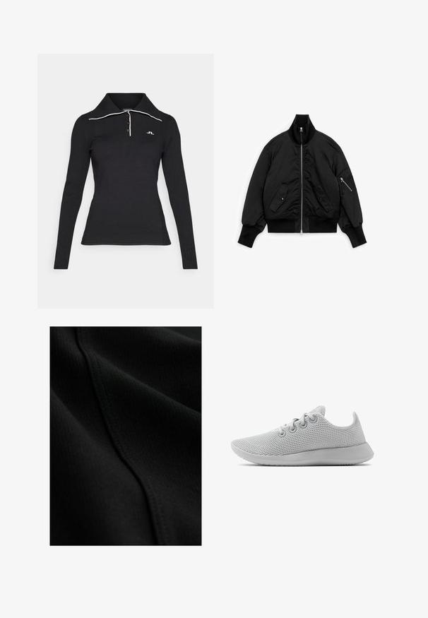 Schwarze Bomberjacke mit gerippten Bündchen, Kragen und Saum, Frontreißverschluss, zwei vorderen Klapptaschen und einer Reißverschlusstasche am linken Ärmel.; Schwarzes Langarm-Polohemd mit gerippter Textur, Drei-Knopf-Leiste und kontrastierendem weißen Kragen. Logo auf der Brust gestickt.; Schwarzer Stoff mit gerippter Textur, der dezente Stepp-Details und glatte, fließende Falten aufweist. Dünnes und leichtes Material.; Allbirds TREE RUNNER - Sneaker low - light grey light grey sole
