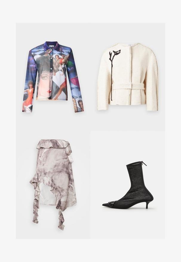Erdem COCOON CROPPED BELTED JACKET - Vinterjakker - ivory; Gennemsigtig skjorte med knapper, der har et farverigt fotografisk tryk af mennesker i dynamiske positurer, med klassisk krave og lange ærmer.; ROKH MIDI SKIRT RUFFLES - A-snit nederdel - purple; Sorte mesh ankelstøvler med spidse tæer, lynlås og en lille hæl. Har en dekorativ spændeaccent nær tåområdet.