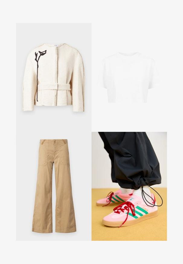 Erdem COCOON CROPPED BELTED JACKET - Talvitakki - ivory; Valkoinen lyhythihainen t-paita, pyöreä kaula-aukko, valmistettu sileästä kankaasta, ilman näkyviä kuvioita tai erottuvia yksityiskohtia.; Beige levele trouserit, valmistettu puuvillasta, kahdella etutaskulla, kahdella napilla vyötäröllä ja yksinkertaisella designilla.; Vaaleanpunaiset mokkakenkäset, joissa on vihreät raidat, punaiset nauhat ja kumipohja. Yhdistetty mustiin housuihin, jotka ovat kerätty nilkkojen ympärille.