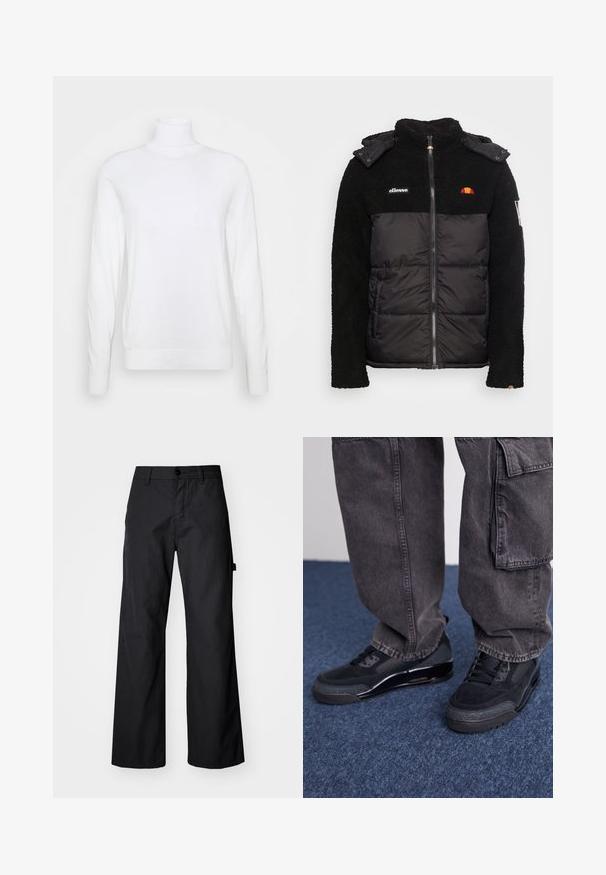 Čierna bunda s textúrovanou fleece hornej časti a hladkou, izolačnou dolnou časťou. Obsahuje zips, kapucňu a vyšívané logo ako akcenty.; Biely rolák s dlhými rukávmi, vyrobený z hladkej tkaniny. Má priliehavý strih a rebrované manžety a lem. Bez vzorov a akcentov.; Čierne, široké nohavice vyrobené z odolného materiálu. Obsahujú zapínanie na gombík a bočné vrecká. Hladká textúra s čistým dizajnom.; Čierne športové topánky s textúrovaným povrchom, hladkými akcentmi a masívnou podrážkou, skombinované so šedými, voľnými cargo nohavicami.