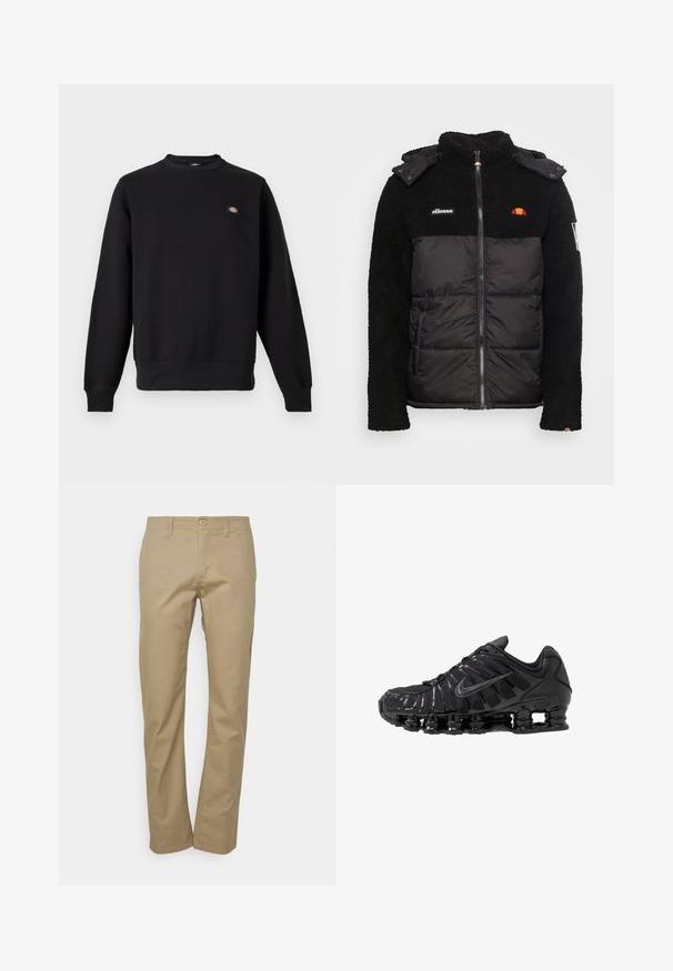 Schwarze Jacke mit einem strukturierten Fleece-Oberteil und einem glatten, isolierten Unterteil. Verfügt über einen Reißverschluss, eine Kapuze und gestickte Logo-Akzente.; Schwarzer Sweatshirt mit Rundhalsausschnitt, langen Ärmeln, gerippten Bündchen und Saum sowie kleinem rechteckigem Logo-Patch auf der linken Brust.; Beige Chinos mit geradem Bein, ausgestattet mit einem Knopfverschluss, Gürtelschlaufen und einer glatten Baumwollstoffstruktur.; Schwarze Sportschuhe aus Mesh- und synthetischen Materialien mit einem markanten wellenförmigen Design, schwarzer Gummisohle und reflektierenden Akzenten.