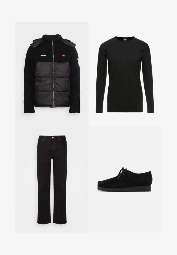 Sort jakke med en struktureret fleece-overdel og en glat, isoleret undersektion. Har lynlås, hætte og broderede logo-detaljer.; Urban Classics STRETCH TERRY - Langærmet T-shirt - black; Sorte lige ben jeans lavet af bomuld. Har fem lommer, en metalknap og orange syninger fortil.; Sorte ruskindsko med rund tådesign, snørebånd foran og en struktureret sort gummisål. Glat overflade med diskret syningsdetalje.