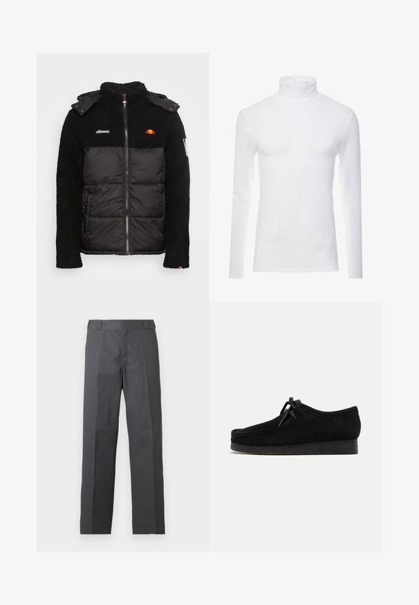 Zwarte jas met een gestructureerde fleece bovenkant en een gladde, geïsoleerde ondersectie. Kenmerken zijn een ritssluiting, een capuchon en geborduurde logo accenten.; Witte lange mouw turtleneck-shirt gemaakt van zachte, rekbare stof. Heeft een hoge kraag en een aangesloten ontwerp, wat zorgt voor een gestroomlijnde uitstraling.; Donkergrijze broek met rechte pijpen, een platte voorkant en geen zichtbare zakken, afgebeeld op een effen witte achtergrond.; Zwarte suède schoenen met een rond teenontwerp, een vetersluiting aan de voorkant en een gestructureerde zwarte rubberen zool. Gladde bovenkant met subtiele stikseldetails.