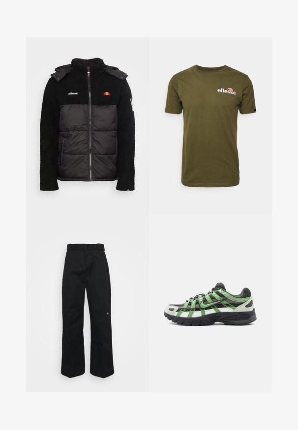Sort jakke med en struktureret fleece-overdel og en glat, isoleret undersektion. Har lynlås, hætte og broderede logo-detaljer.; Oliven grøn bomulds t-shirt med korte ærmer, rund halsudskæring og "ellesse" logo broderet i hvidt og rødt på venstre brystområde.; Sorte bukser lavet af robust stof, med lige ben, bæltestropper og en lille logo på den nederste side.; Sort-hvid løbesko med grønne detaljer, mesh-overdel og tyk sort sål set fra siden på hvid baggrund.