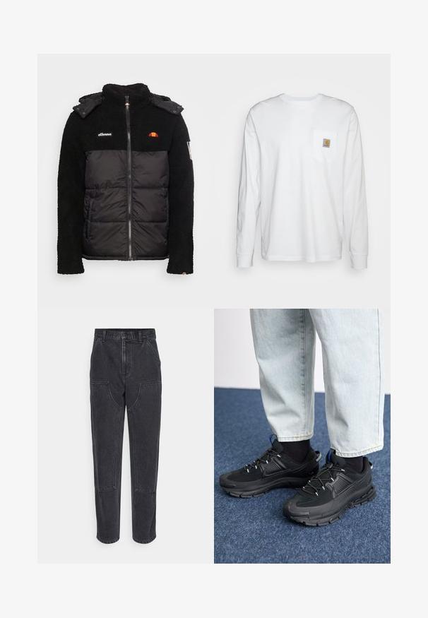 Zwarte jas met een gestructureerde fleece bovenkant en een gladde, geïsoleerde ondersectie. Kenmerken zijn een ritssluiting, een capuchon en geborduurde logo accenten.; Wit katoenen overhemd met lange mouwen, met een borstzakje met een vierkante logo patch. Eenvoudig ontwerp met een ronde halslijn en manchetten.; Zwarte denim jeans met een hoge taille, rechte pijpen en grote voorzakken. Kenmerkt zich door contrasterende stiksels en geen zichtbare logo's.; Zwarte sportschoenen met gestructureerde stof en rubberen zolen, met elastische veters en een blauwe accent op de hiel. Draag samen met lichte spijkerbroeken.