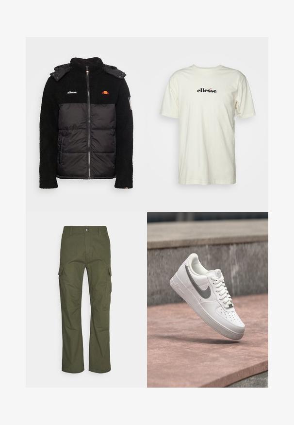 Chaqueta negra con una parte superior de forro polar texturizado y una sección inferior suave e insulating. Presenta una cremallera, capucha y acentos de logo bordado.; Camiseta corta de manga corta en color crema, hecha de algodón, con un logo negro impreso y acentos coloridos en el frente. Cuello redondo estándar.; Pantalones cargo en verde oliva oscuro, con múltiples bolsillos laterales, un corte recto y una tela resistente con un acabado texturizado.; Zapatilla blanca Nike Air Force 1 con logo swoosh gris flotando sobre una superficie de piedra y un fondo de pared de piedra gris.