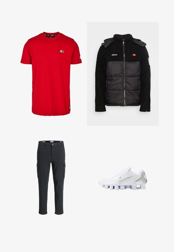 Must have tekstureeritud fleeces ülemine osa ning sile ja isoleeritud alumine osa. Varustatud lukuga, kapuutsiga ja brodeeritud logo aksessuaaridega.; Punane puuvillane T-särk, millel on ümar kaelus, lühikesed varrukad ja väike must logo vasakul rinnal ning varrukal. Sile, ühtlane värv.; Kerged mustad cargo püksid, mis on valmistatud kergest kangast, küljetaskute, lukuga ja sirge säärejätkuga.; Valged spordijalatsid, millel on tekstuuriga pealiskülg hõbedase Swooshi logoga, võrkkangast paneelid ja iseloomulik jagatud valge tallaga.}}