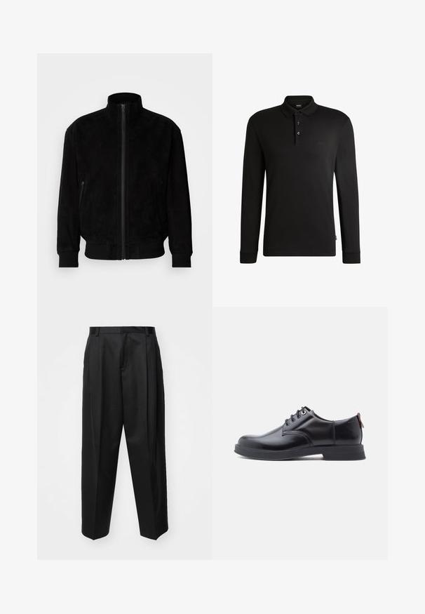 Veste en daim noir avec col montant, fermeture éclair frontale et poignets élastiques. Dotée de poches latérales et d'une texture lisse. Design simple.; Polo shirt noir à manches longues avec un col classique, patte de boutonnage à trois boutons et logo subtil sur la poitrine. Tissu doux avec des poignets côtelés.; Pantalon noir ajusté avec taille haute, jambes larges et plis marqués. Fabriqué dans un tissu lisse avec passants de ceinture et sans quincaillerie visible.; Chaussures en cuir noir à lacets avec une texture lisse, un bout arrondi et des détails de couture discrets. Présentent une languette rouge à l'arrière.