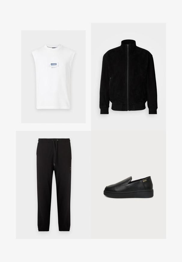 Veste en daim noir avec col montant, fermeture éclair frontale et poignets élastiques. Dotée de poches latérales et d'une texture lisse. Design simple.; T-shirt blanc sans manches à col rond avec un patch rectangulaire centré du logo HUGO en bleu et blanc sur la poitrine.; Pantalon de jogging noir avec ceinture élastique et poignets, cordon de serrage ajustable, et poches latérales, présenté sur un fond blanc.; Chaussure noire en cuir à enfiler avec semelle épaisse et petits trous de ventilation latéraux, avec un logo doré "HUGO" près du talon.