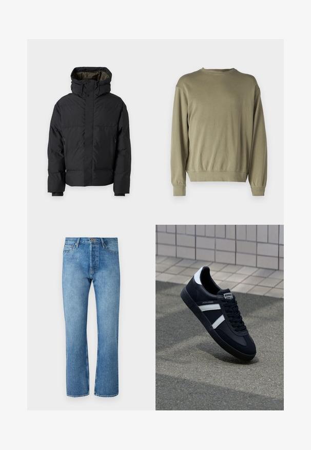 Schwarze Pufferjacke mit hohem Kragen, doppelten Reißverschlüssen, seitlichen Taschen und Kapuze. Merkmale sind ein glatter Außenstoff und ein gefüttertes Innenfutter.; Olivgrüner Pullover mit langen Ärmeln aus einer weichen Baumwollmischung. Hat einen runden Halsausschnitt und gerippte Bündchen mit einer lockeren Passform.; Helle blaue Jeans mit geradem Bein, ausgestattet mit einem klassischen Fünf-Taschen-Design, einem Knopfverschluss und kontrastierenden Nähten.; Schwarze Leder-Sneaker mit weißen Streifen, strukturiertem Gummisohle und Schnürung. Verfügt über ein Markenetikett auf der Zunge.