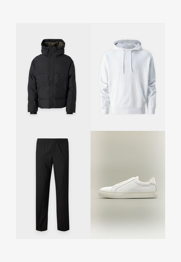 Sort oppustelig jakke med høj krave, dobbelte lynlåse, sidelommer og hætte. Har en glat ydre og foret indvendig.; Grå pullover hoodie lavet af blødt stof, med en kengurulomme, snoretræk i hætten og ribbede manchetter ved ærmerne og livet.; Sorte bukser med lige ben og elastisk taljebånd, ingen synlige lommer eller pynt.; Hvid lavtop sneaker med snørebånd foran og tyk sål, vist fra siden mod en neutral baggrund.