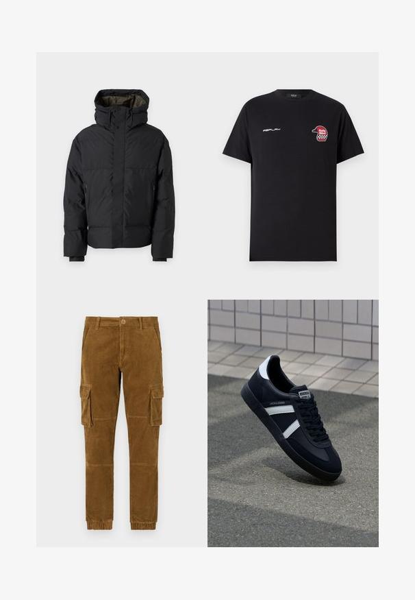 Doudoune noire avec un col haut, des doubles zips, des poches latérales et une capuche. Caractéristiques d'un extérieur lisse et d'un intérieur doublé.; Replay SHORT SLEEVE GRAPHIC - T-shirt imprimé - black; Pantalons cargo en velours côtelé marron avec une coupe ajustée, dotés de poches latérales, d'une fermeture à bouton et de poignets élastiques aux chevilles.; Sneaker en cuir noir avec des rayures blanches, semelle en caoutchouc texturée et devant à lacets. Présente une étiquette de marque sur la languette.