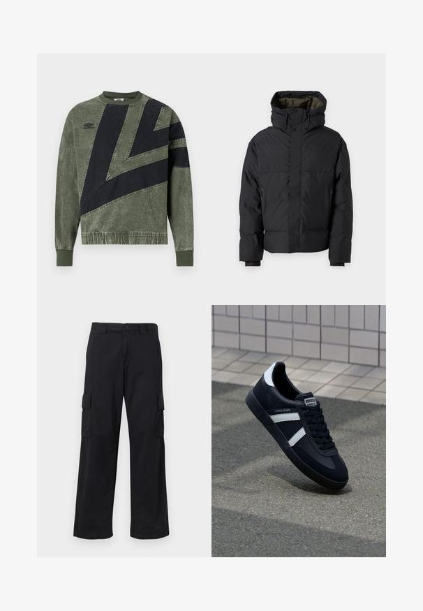Schwarze Pufferjacke mit hohem Kragen, doppelten Reißverschlüssen, seitlichen Taschen und Kapuze. Merkmale sind ein glatter Außenstoff und ein gefüttertes Innenfutter.; Langärmliges, grün-schwarz color-blocked Sweatshirt mit gerippten Bündchen und Kragen, mit Umbro-Logo auf der linken Brust.; Schwarze Cargo-Hosen aus Baumwollmischung, mit lockerer Passform, zwei seitlichen Taschen und Knopfverschluss. Glatte Textur mit minimalen Verzierungen.; Schwarze Leder-Sneaker mit weißen Streifen, strukturiertem Gummisohle und Schnürung. Verfügt über ein Markenetikett auf der Zunge.