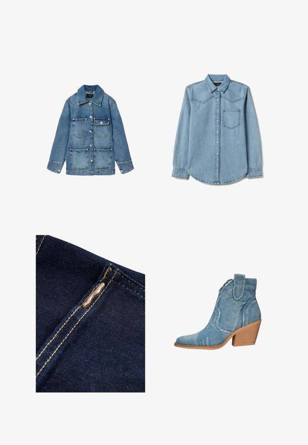 Blaue Jeansjacke mit Kragen, vier aufgesetzten Taschen und dekorativen blumenförmigen Knöpfen vorne und an den Manschetten.; Hellblaues Jeanshemd mit spitzem Kragen, durchgehender Knopfleiste, einer aufgesetzten Brusttasche und Western-Stil Passe-Nähten.; Next REGULAR FIT - WIDE LEG - Flared Jeans - rinse blue; Blaue Denim-Ankle-Boots mit spitzer Zehenform, distressed Textur und einem blockartigen Holzabsatz. Verfügt über seitliche Schlaufen für ein einfaches Anziehen.