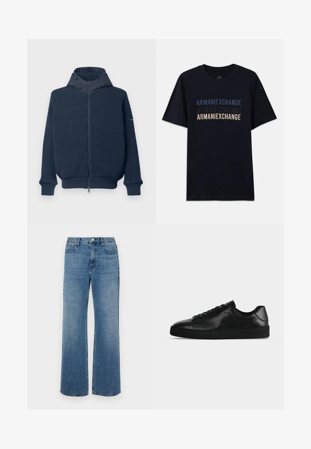 Marine blauwe rits hoodie met ribbelstructuur, een gladde capuchon en elastische manchetten. Voorzien van een rits aan de voorkant en een accent op één mouw.; Zwarte katoenen t-shirt met gestapelde "ARMANIEXCHANGE" tekst in blauw en beige tinten, korte mouwen en een ronde hals.; Brede blauwe jeans van denim met een verouderde afwerking. Heeft vijf zakken, een sluiting met vooraan knoop en een rechte snit.; Zwart leren sneaker met lage schacht, veters aan de voorkant en een getextureerde platte zool, zijaanzicht op een neutrale achtergrond.