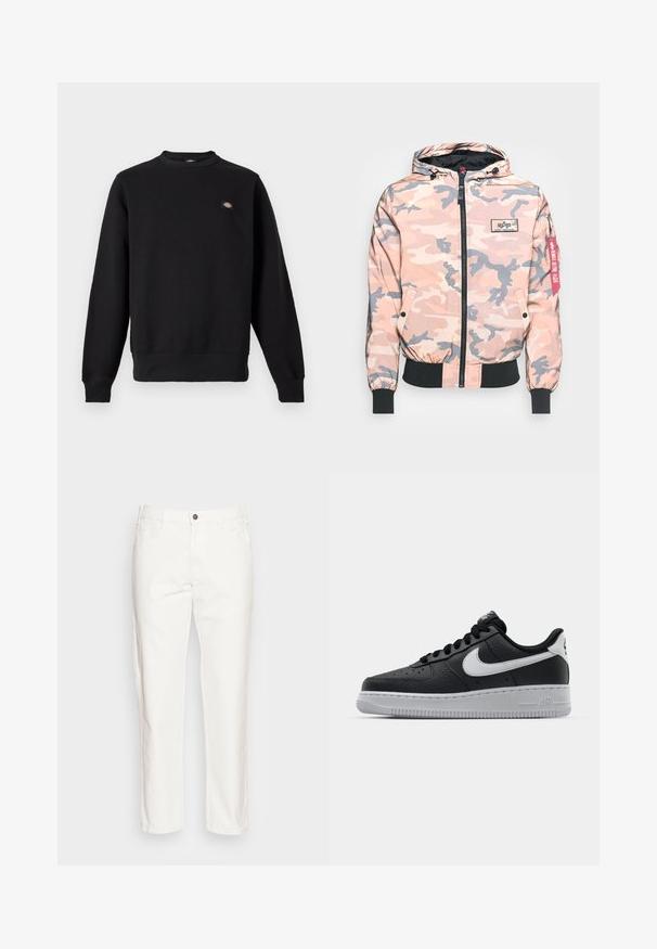 Veste de camouflage dans des tons roses et gris, dotée d'un zip sur le devant, d'une capuche et de poignets et d'un ourlet élastiques. Inclut un patch logo et une étiquette d'accent rouge.; Sweat-shirt noir à col rond, manches longues, poignets et ourlet côtelés, avec un petit patch rectangulaire avec logo sur la poitrine gauche.; Pantalon en coton blanc avec une coupe droite, poches avant, fermeture à bouton unique et une texture douce.; Baskets en cuir noir avec surface texturée, swoosh Nike blanc, semelle grise, bout rond et design à lacets. Comprend des perforations sur la boîte à orteils.
