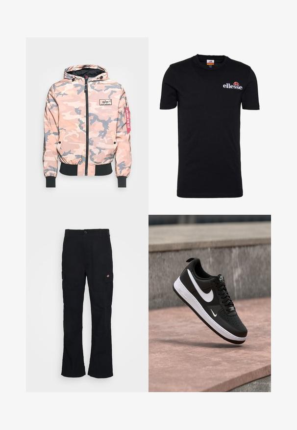 Tarnjacke in Rosa- und Grautönen, mit einem Reißverschluss vorne, Kapuze sowie elastischen Bündchen und Saum. Enthält ein Logopatch und ein rotes Akzentetikett.; Schwarzes Kurzarm-T-Shirt aus Baumwolle. Verfügt über einen runden Halsausschnitt und ein gesticktes "ellesse"-Logo mit roten und orangefarbenen Akzenten.; Schwarze Cargo-Hose mit geradem Bein, aus strapazierfähigem Stoff gefertigt, mit Seitentaschen und einem aufgenähten Logo auf der linken Seite.; Schwarz-weißer Nike Air Force 1 Sneaker, der über einer rosa Betonfläche mit grauem Stein-Hintergrund schwebt.