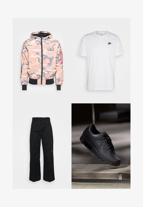 Kamuflagejakke i pink og grå nuancer, med lynlås foran, hætte og elastiske manchetter og kant. Inkluderer et logo-patch og et rødt accentmærke.; Hvid bomulds T-shirt med rund hals, korte ærmer og et sort Nike-logo på venstre bryst. Enkel, ensfarvet design.; Sorte bukser lavet af robust stof, med lige ben, bæltestropper og en lille logo på den nederste side.; Sorte Nike Air Max-sneakers med en struktureret læderoverdel, gummisål og fremtrædende snøresystem, der viser et slankt, moderne design.