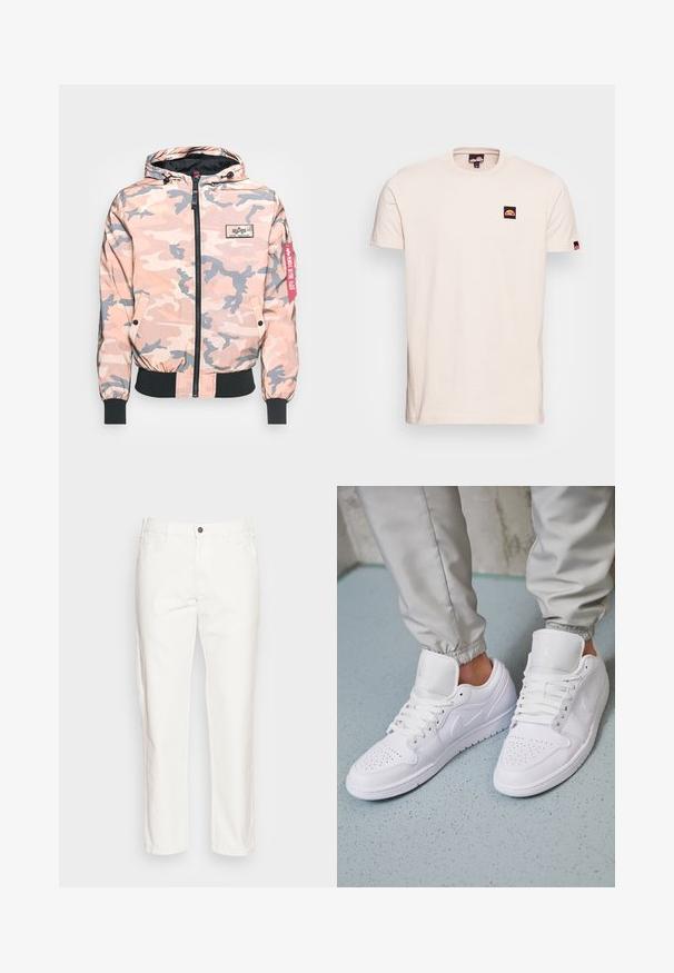 Kamuflagejakke i pink og grå nuancer, med lynlås foran, hætte og elastiske manchetter og kant. Inkluderer et logo-patch og et rødt accentmærke.; Kortærmet beige t-shirt lavet af bomuld, med et lille sort og rødt logo patch på venstre bryst og logo detaljer på ærmerne.; Hvide bomuldsbukser med lige ben, forlommer, enkelt knaplukning og en blød tekstur.; Hvide lædersneakers har en perforeret tåboks, flade snørebånd, polstret krave og Jordan-logoet på tungen. Båret med grå joggers.
