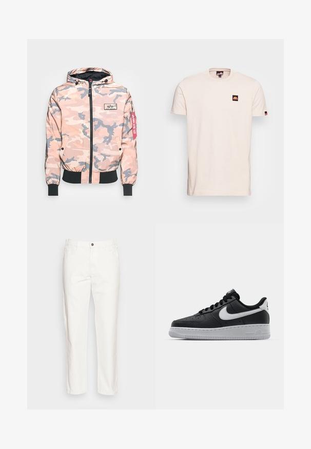 Veste de camouflage dans des tons roses et gris, dotée d'un zip sur le devant, d'une capuche et de poignets et d'un ourlet élastiques. Inclut un patch logo et une étiquette d'accent rouge.; T-shirt beige à manches courtes en coton, avec un petit écusson logo noir et rouge sur la poitrine gauche et des accents logo sur les manches.; Pantalon en coton blanc avec une coupe droite, poches avant, fermeture à bouton unique et une texture douce.; Baskets en cuir noir avec surface texturée, swoosh Nike blanc, semelle grise, bout rond et design à lacets. Comprend des perforations sur la boîte à orteils.