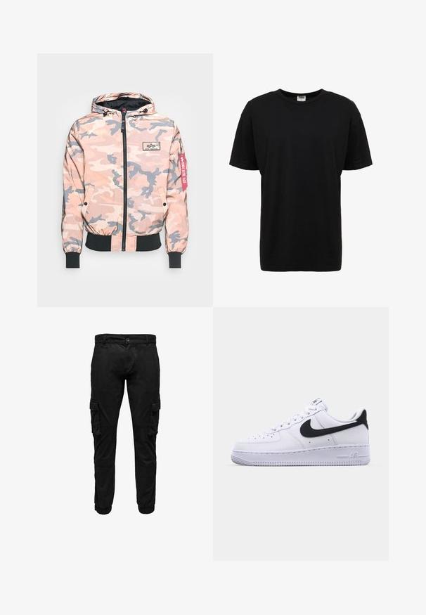 Veste de camouflage dans des tons roses et gris, dotée d'un zip sur le devant, d'une capuche et de poignets et d'un ourlet élastiques. Inclut un patch logo et une étiquette d'accent rouge.; T-shirt en coton noir à col rond avec des manches courtes, coupe standard, texture lisse, et sans motifs ni accents visibles.; Pantalon cargo noir avec poches à rabat latérales, poignets élastiques, fermeture frontale par bouton et fermeture éclair.; Sneaker en cuir blanc avec un Swoosh noir texturé, des lacets plats et une semelle en caoutchouc avec un motif strié. "AIR" est embossé sur le talon.