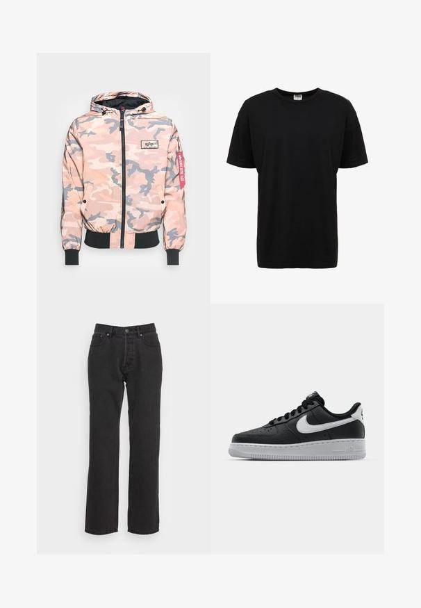 Camouflage jas in roze en grijstinten, met een rits aan de voorkant, capuchon en elastische manchetten en zoom. Inclusief een logo-applicatie en een rode accentlabel.; Zwart katoenen T-shirt met ronde hals, korte mouwen, standaard pasvorm, soepele textuur en geen zichtbare patronen of accenten.; Zwarte denim jeans met een rechtzijdig ontwerp, voorzien van een voorste knoopsluiting, riemlussen en twee zijzakken. Gestructureerde stof.; Zwarte lederen sneaker met een textuur oppervlak, witte Nike swoosh, grijze zool, ronde neus en vetersluiting. Bevat perforaties op de neus.