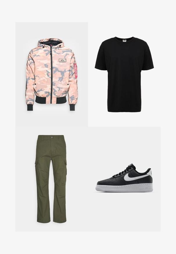 Kamuflagejakke i pink og grå nuancer, med lynlås foran, hætte og elastiske manchetter og kant. Inkluderer et logo-patch og et rødt accentmærke.; Sort bomulds t-shirt med rund hals, korte ærmer, standard pasform, glat tekstur og ingen synlige mønstre eller detaljer.; Cargo bukser i mørke olivengrøn med flere sidelommer, lige snit og et slidstærkt stof med en tekstureret overflade.; Sort lædersneaker med tekstureret overflade, hvid Nike swoosh, grå sål, rund tå og snørebåndsdesign. Har perforeringer på tåboksen.