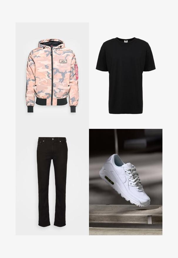 Kamuflaažjakki roosa ja halli tooni, millel on esiline vetti, kapuuts ning elastsed mansetid ja alumine äär. Sisaldab logo paigutust ja punast aktsenti märgisel.; Must musta crew-neck t-särk lühikeste varrukatega, tavaline lõige, sile tekstuur ja nähtavate mustrite või detailideta.; Mustad denim püksid sirge lõikega, klassikalise viie taskuga disainiga, metallnupuga kinnitamine ja peened tõmblemise detailid.; Valge nahast tennisete õhustuskujuga pinnad, pehmendustega krae ja nähtav õhuklapp tallas. Omab paelu ja minimaliseeritud disaini.