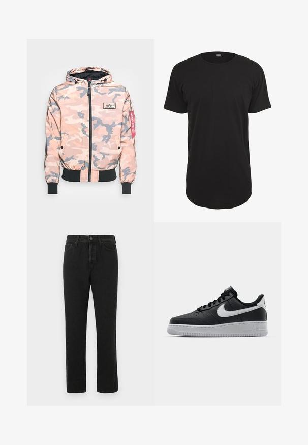 Kamuflagejakke i pink og grå nuancer, med lynlås foran, hætte og elastiske manchetter og kant. Inkluderer et logo-patch og et rødt accentmærke.; Sort kortærmet t-shirt lavet af bomuld. Har en rund hals og en lige pasform med en lidt længere bagkant. Blød tekstur.; Sorte lige ben denim jeans med frontknap og lynlås, bælte løkker og fem-lomme design, vist på hvid baggrund.; Sort lædersneaker med tekstureret overflade, hvid Nike swoosh, grå sål, rund tå og snørebåndsdesign. Har perforeringer på tåboksen.