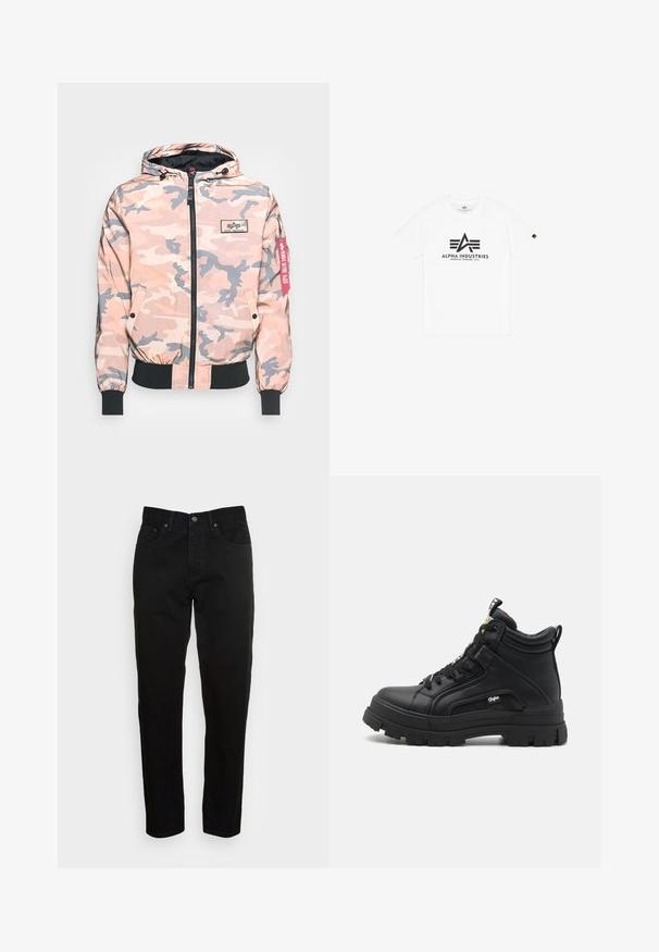 Camouflage jas in roze en grijstinten, met een rits aan de voorkant, capuchon en elastische manchetten en zoom. Inclusief een logo-applicatie en een rode accentlabel.; Witte katoenen T-shirt met korte mouwen, voorzien van een zwart afgedrukt logo "ALPHA INDUSTRIES" en een gestileerd driehoekig ontwerp.; Zwarte slim-fit jeans met een knoopsluiting aan de voorkant en een vijf-pocket ontwerp, weergegeven tegen een effen lichtgrijze achtergrond.; Zwarte hoge schoenen van gestructureerd leer, met een dikke rubberen zool, vetersluiting aan de voorkant en een klein logo detail aan de zijkant.